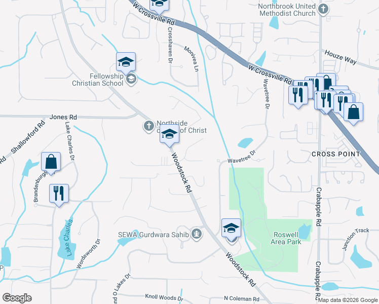 map of restaurants, bars, coffee shops, grocery stores, and more near 110 Amberly Place in Roswell