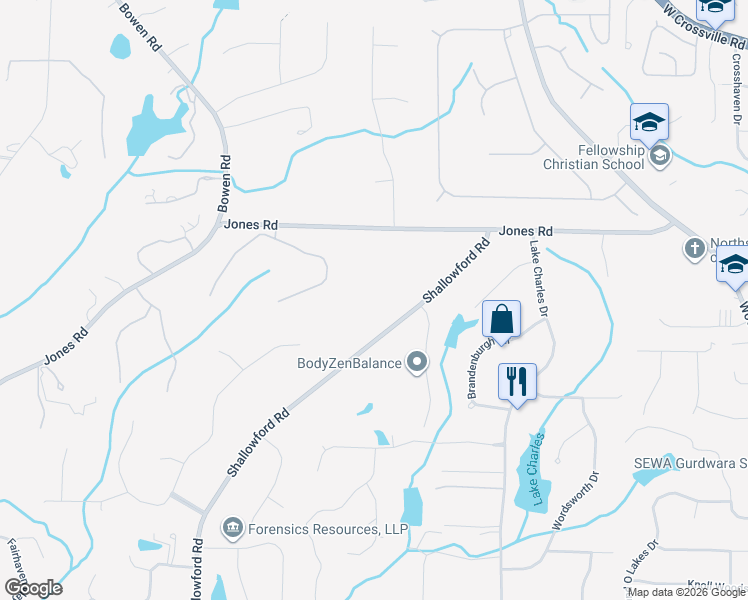 map of restaurants, bars, coffee shops, grocery stores, and more near 5025 Heatherwood Court in Roswell
