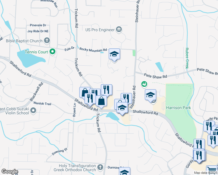 map of restaurants, bars, coffee shops, grocery stores, and more near 2306 Wickingham Drive Northeast in Marietta