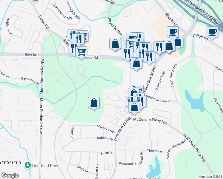 map of restaurants, bars, coffee shops, grocery stores, and more near 1048 Plantation Way in Kennesaw