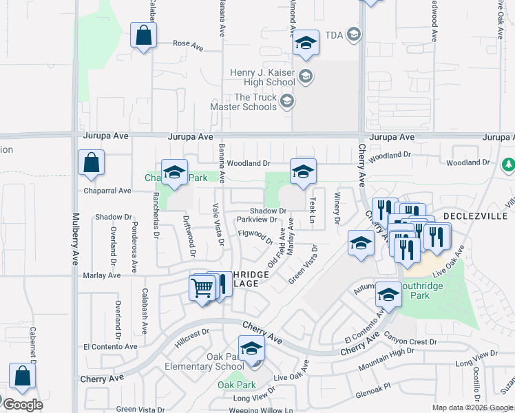 map of restaurants, bars, coffee shops, grocery stores, and more near 14181 Southwood Drive in Fontana