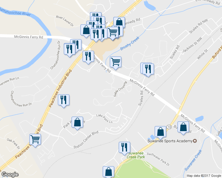 map of restaurants, bars, coffee shops, grocery stores, and more near 4000 McGinnis Ferry Road in Suwanee
