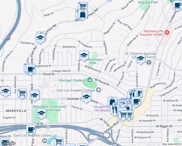 map of restaurants, bars, coffee shops, grocery stores, and more near 1601 College View Drive in Monterey Park