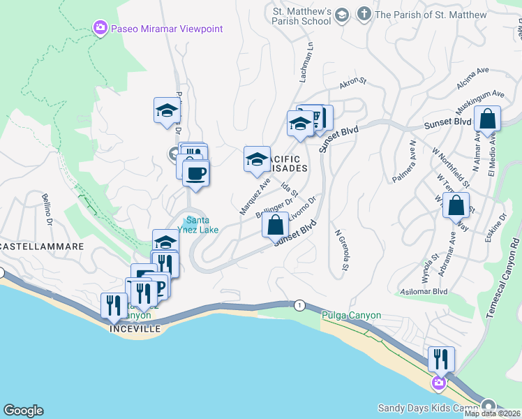 map of restaurants, bars, coffee shops, grocery stores, and more near 16915 Bollinger Drive in Los Angeles
