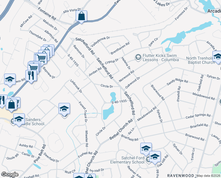 map of restaurants, bars, coffee shops, grocery stores, and more near 5211 Circle Drive in Columbia