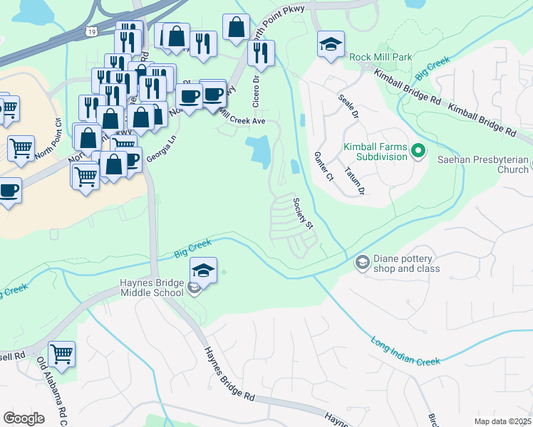 map of restaurants, bars, coffee shops, grocery stores, and more near 230 Society Street in Alpharetta