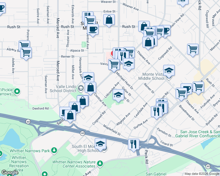 map of restaurants, bars, coffee shops, grocery stores, and more near 1445 Lidcombe Avenue in South El Monte