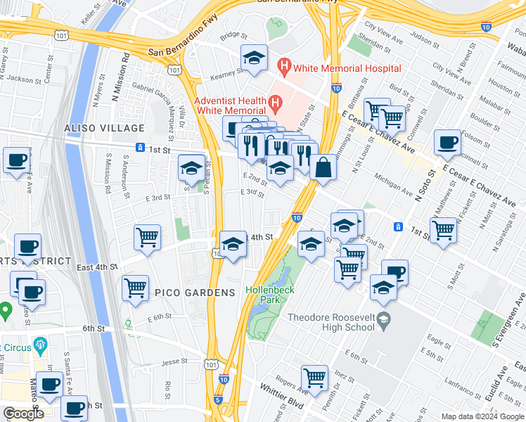 map of restaurants, bars, coffee shops, grocery stores, and more near 1901 East 3rd Street in Los Angeles