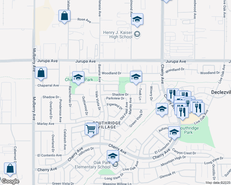 map of restaurants, bars, coffee shops, grocery stores, and more near 14181 Southwood Drive in Fontana