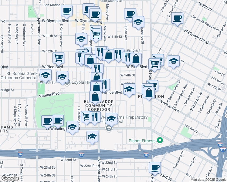 map of restaurants, bars, coffee shops, grocery stores, and more near 1606 Menlo Avenue in Los Angeles