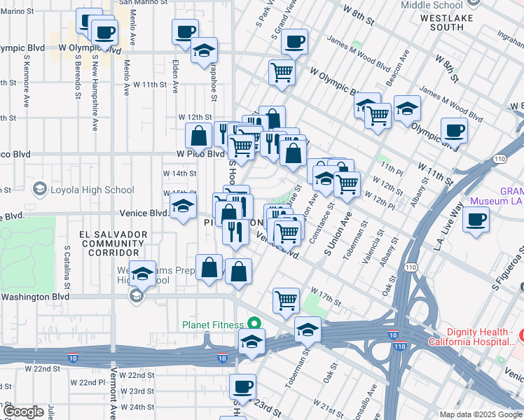 map of restaurants, bars, coffee shops, grocery stores, and more near 1433 Malvern Avenue in Los Angeles