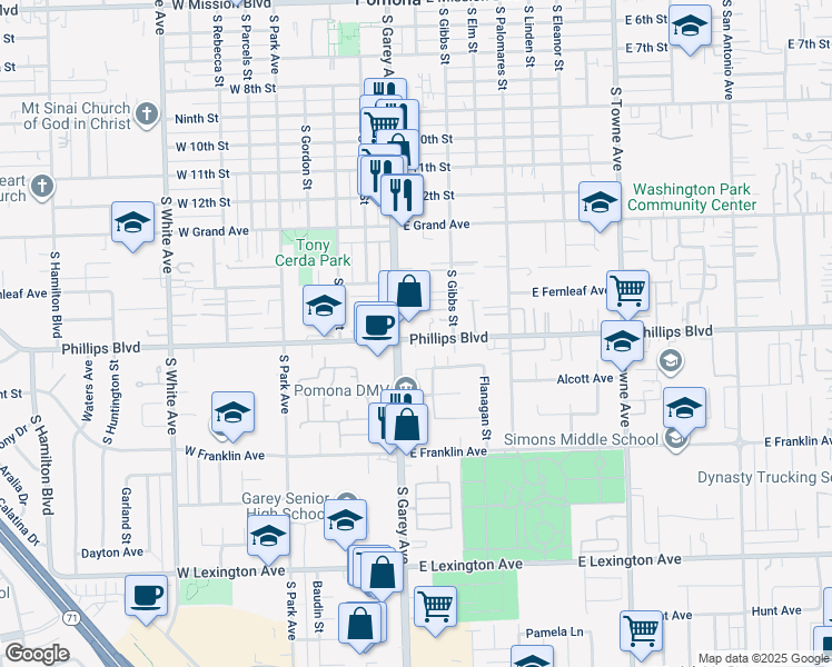 map of restaurants, bars, coffee shops, grocery stores, and more near 121 West Phillips Boulevard in Pomona