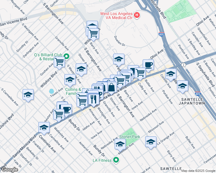 map of restaurants, bars, coffee shops, grocery stores, and more near 11711 Ohio Avenue in Los Angeles