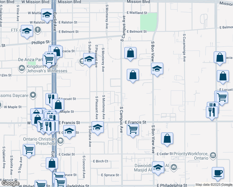map of restaurants, bars, coffee shops, grocery stores, and more near 1614 South Campus Avenue in Ontario