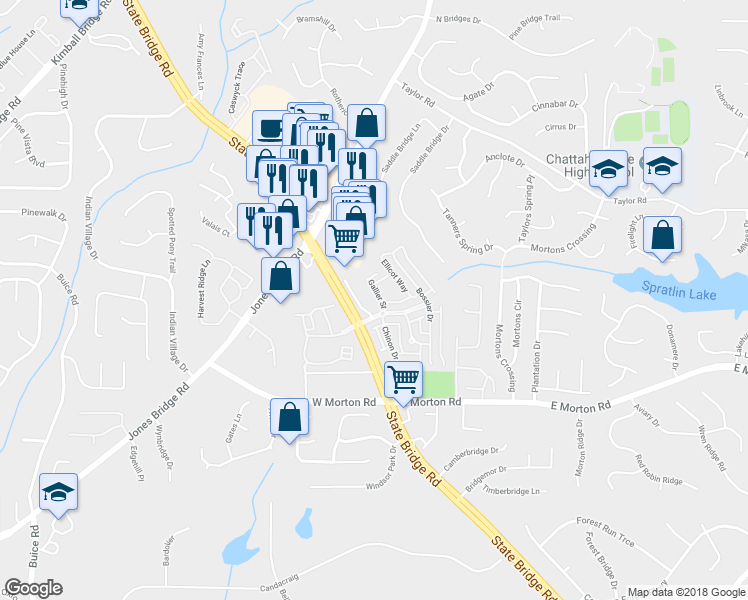 map of restaurants, bars, coffee shops, grocery stores, and more near 10914 Gallier Street in Alpharetta
