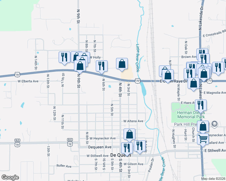 map of restaurants, bars, coffee shops, grocery stores, and more near 419 West Janssen Avenue in De Queen