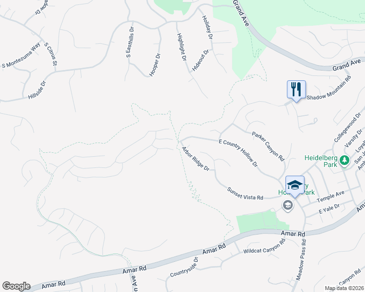 map of restaurants, bars, coffee shops, grocery stores, and more near 1406 Sunset Meadow Circle in Walnut