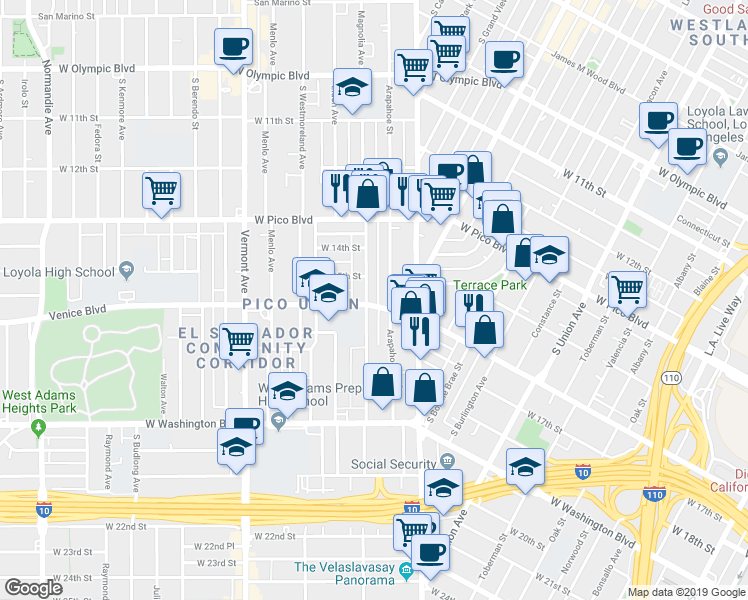 map of restaurants, bars, coffee shops, grocery stores, and more near 1475 Venice Boulevard in Los Angeles