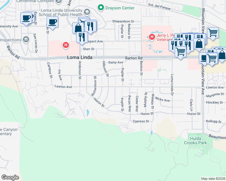 map of restaurants, bars, coffee shops, grocery stores, and more near 11524 Richmont Road in Loma Linda