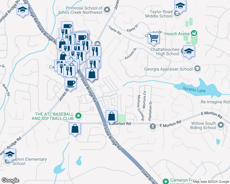 map of restaurants, bars, coffee shops, grocery stores, and more near 4838 Abberley Lane in Alpharetta