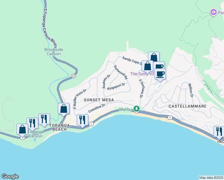 map of restaurants, bars, coffee shops, grocery stores, and more near 18174 Kingsport Drive in Malibu