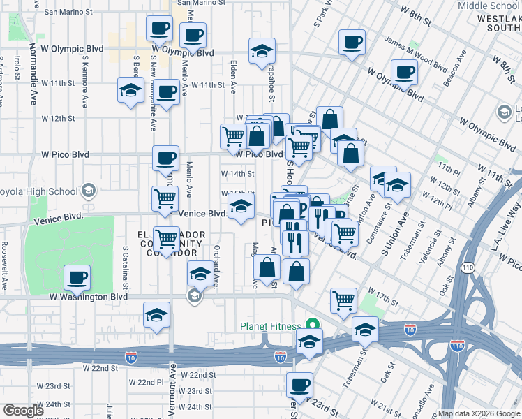 map of restaurants, bars, coffee shops, grocery stores, and more near 1475 Venice Boulevard in Los Angeles