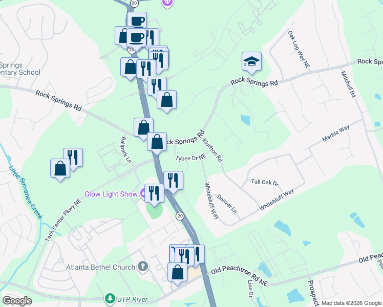 map of restaurants, bars, coffee shops, grocery stores, and more near 2680 Tybee Drive Northeast in Buford