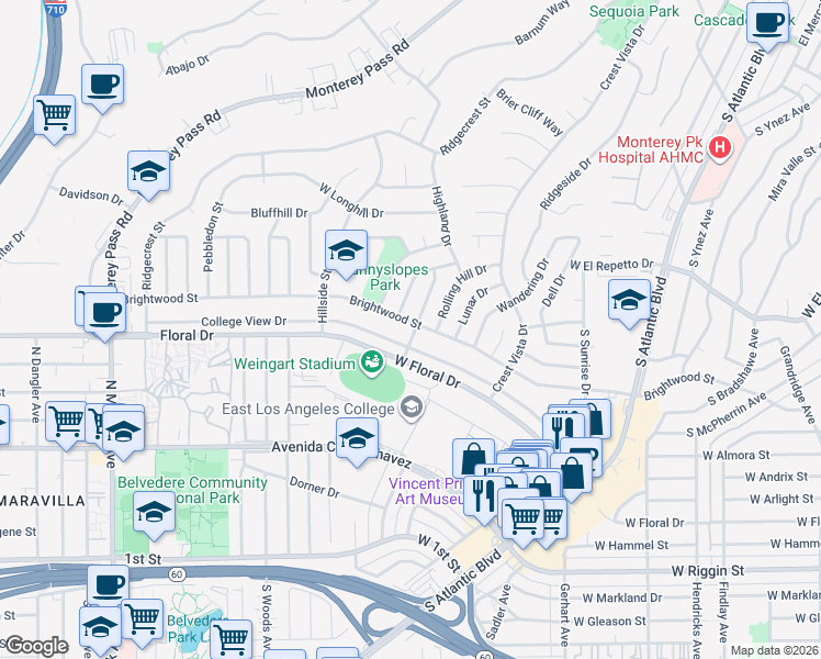 map of restaurants, bars, coffee shops, grocery stores, and more near 1501 College View Drive in Monterey Park