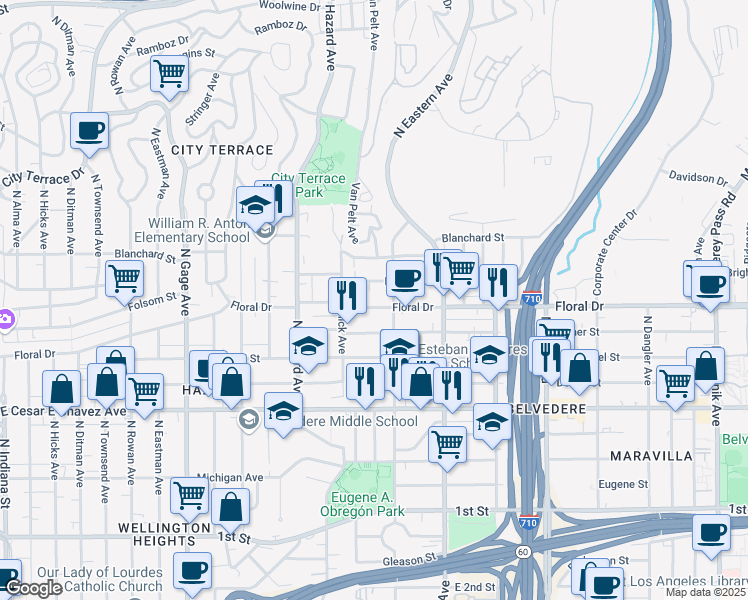 map of restaurants, bars, coffee shops, grocery stores, and more near 4141 Floral Drive in Los Angeles