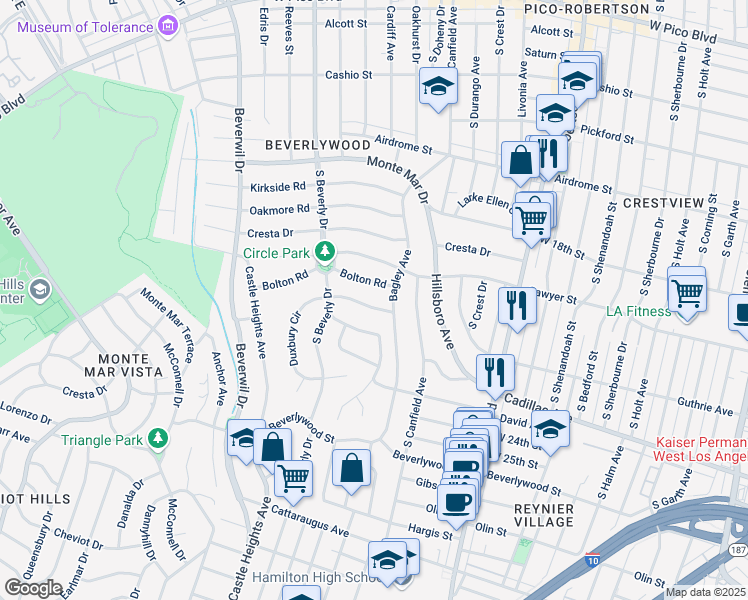 map of restaurants, bars, coffee shops, grocery stores, and more near 9354 Duxbury Road in Los Angeles