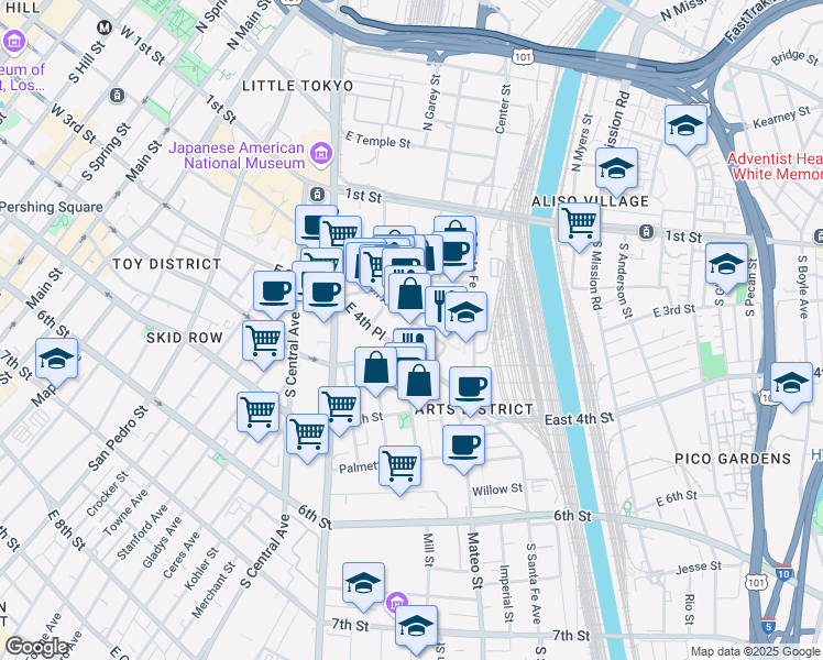 map of restaurants, bars, coffee shops, grocery stores, and more near 836 Traction Avenue in Los Angeles