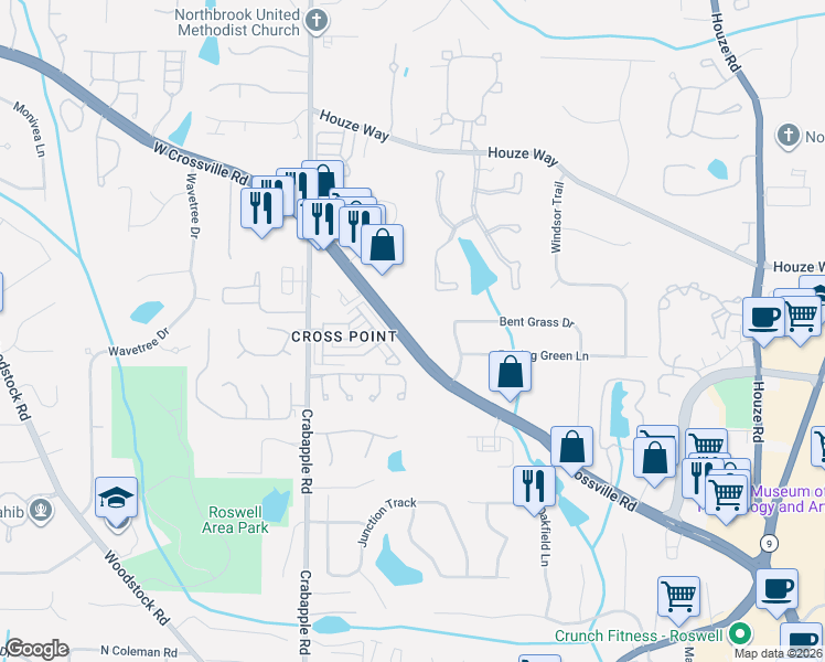map of restaurants, bars, coffee shops, grocery stores, and more near 100 East Crossville Road in Roswell