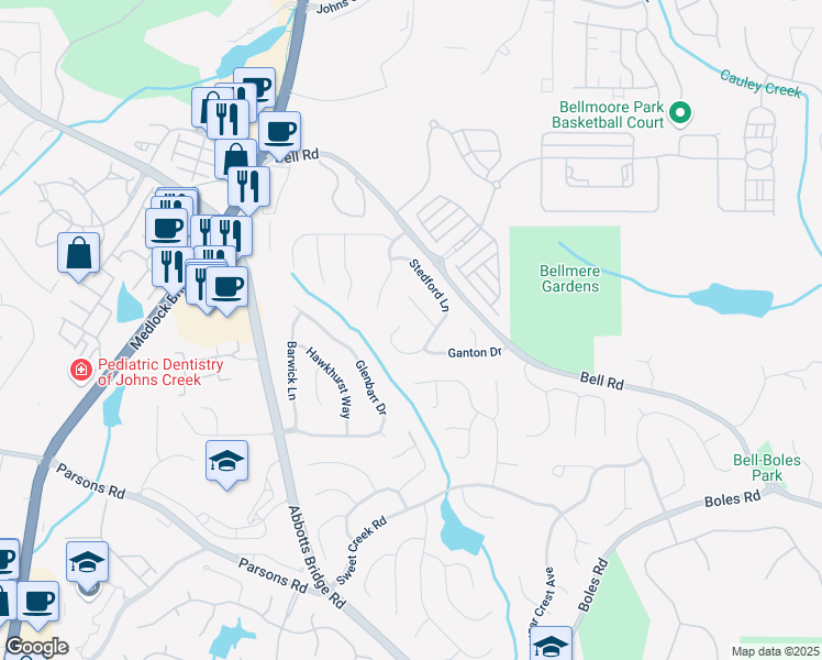 map of restaurants, bars, coffee shops, grocery stores, and more near 505 Stedford Lane in Duluth