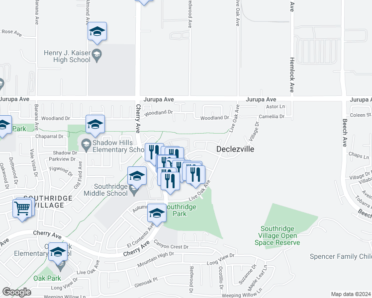 map of restaurants, bars, coffee shops, grocery stores, and more near 1700 Village Drive in Fontana