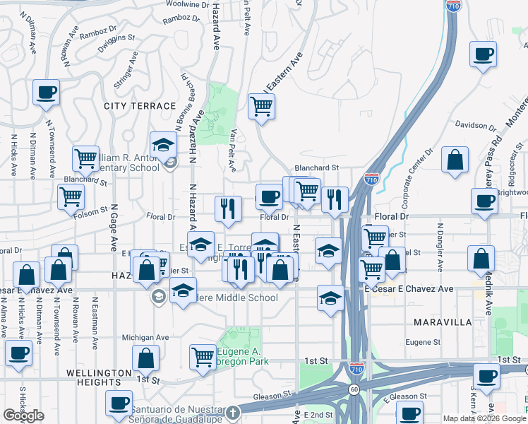 map of restaurants, bars, coffee shops, grocery stores, and more near 710 North Marianna Avenue in Los Angeles