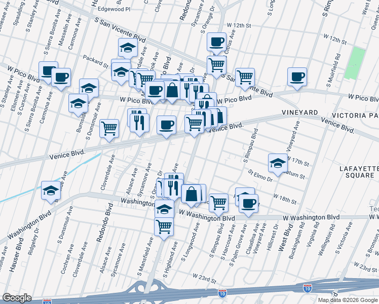 map of restaurants, bars, coffee shops, grocery stores, and more near 1712 South Mansfield Avenue in Los Angeles