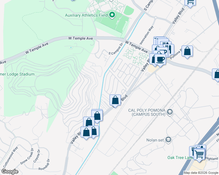 map of restaurants, bars, coffee shops, grocery stores, and more near 3745 Valley Boulevard in Walnut