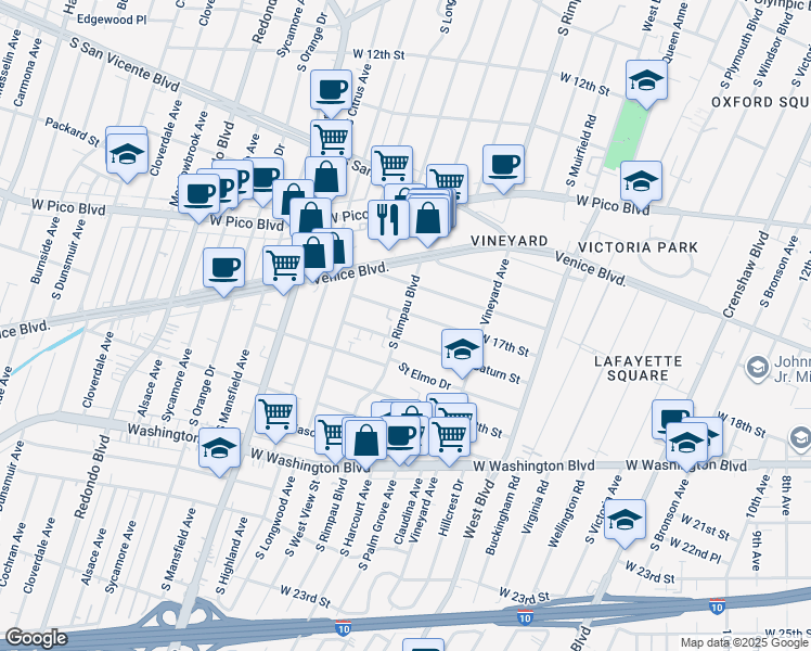 map of restaurants, bars, coffee shops, grocery stores, and more near 1680 South Rimpau Boulevard in Los Angeles