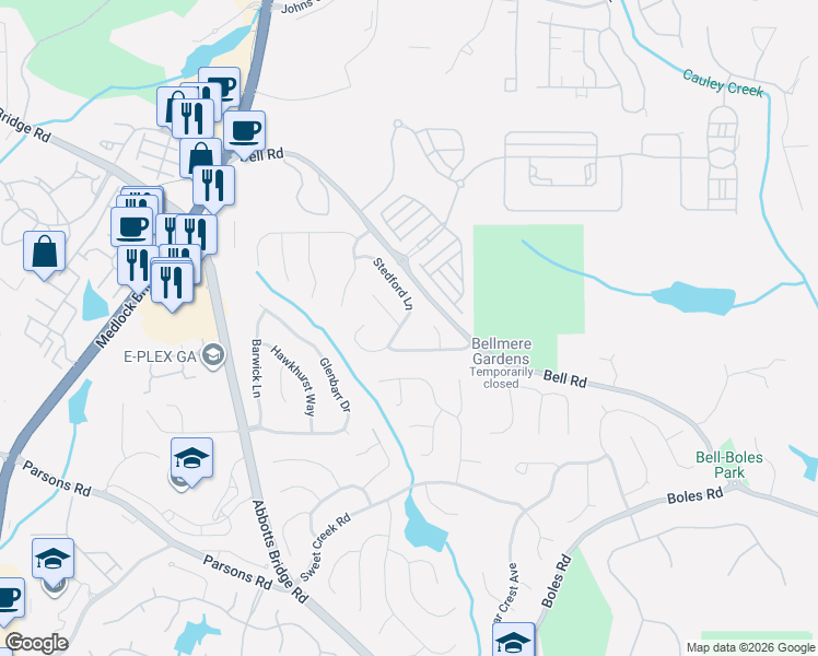 map of restaurants, bars, coffee shops, grocery stores, and more near 460 Stedford Lane in Duluth