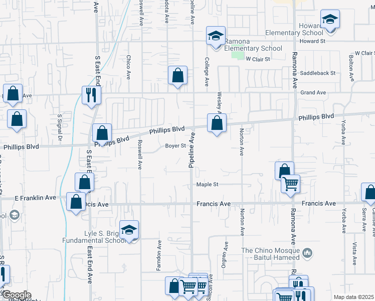 map of restaurants, bars, coffee shops, grocery stores, and more near 11494 Pipeline Avenue in Chino