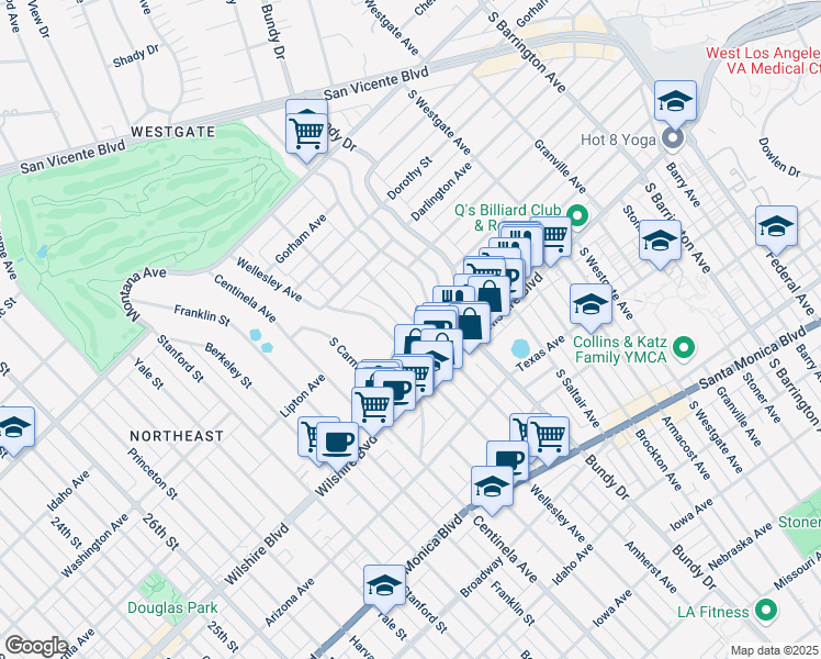 map of restaurants, bars, coffee shops, grocery stores, and more near 1113 Amherst Avenue in Los Angeles