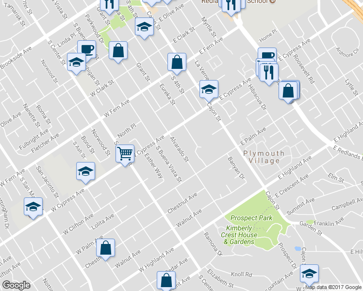 map of restaurants, bars, coffee shops, grocery stores, and more near 625 Alvarado Street in Redlands