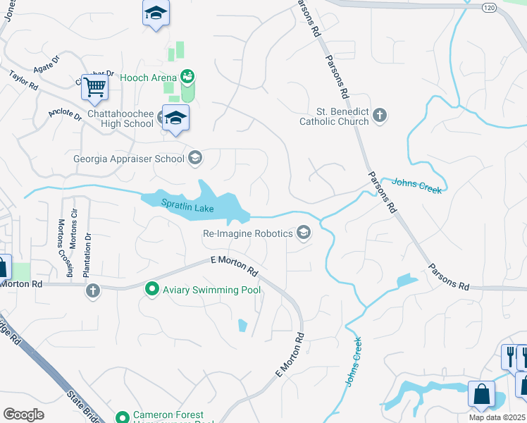 map of restaurants, bars, coffee shops, grocery stores, and more near 585 Windswept Way in Alpharetta