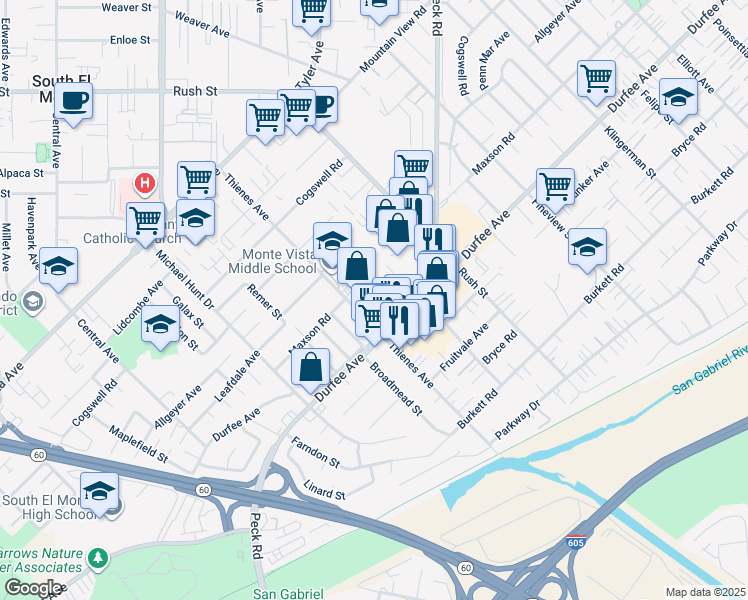 map of restaurants, bars, coffee shops, grocery stores, and more near 11223 Thienes Avenue in South El Monte