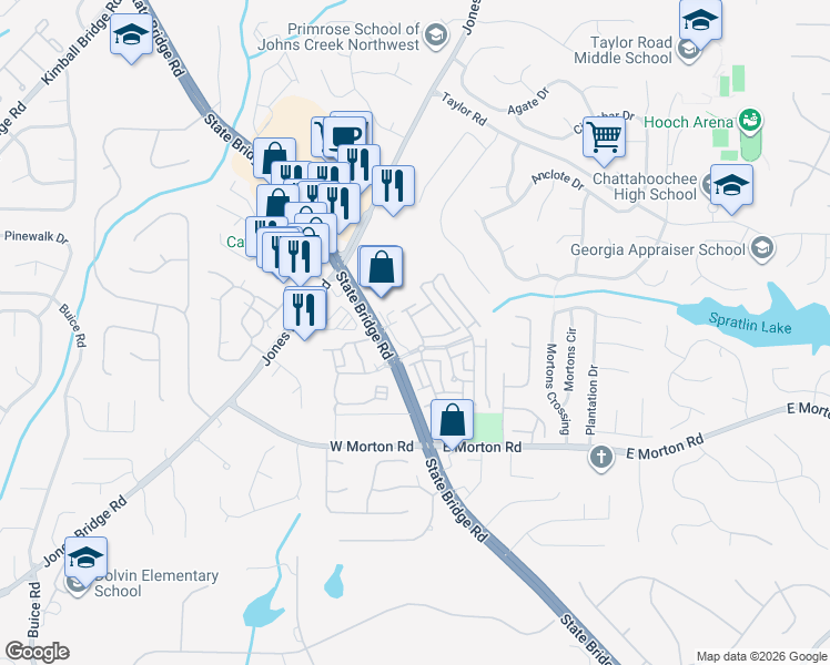 map of restaurants, bars, coffee shops, grocery stores, and more near 10914 Gallier Street in Alpharetta