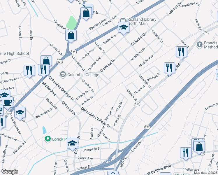 map of restaurants, bars, coffee shops, grocery stores, and more near 4938 James Street in Columbia