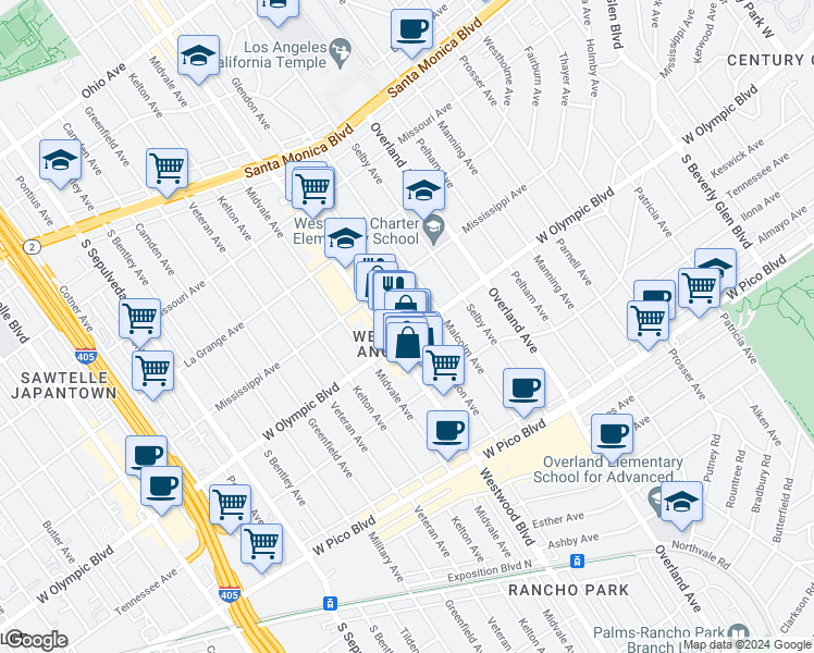 map of restaurants, bars, coffee shops, grocery stores, and more near 2151 Glendon Avenue in Los Angeles