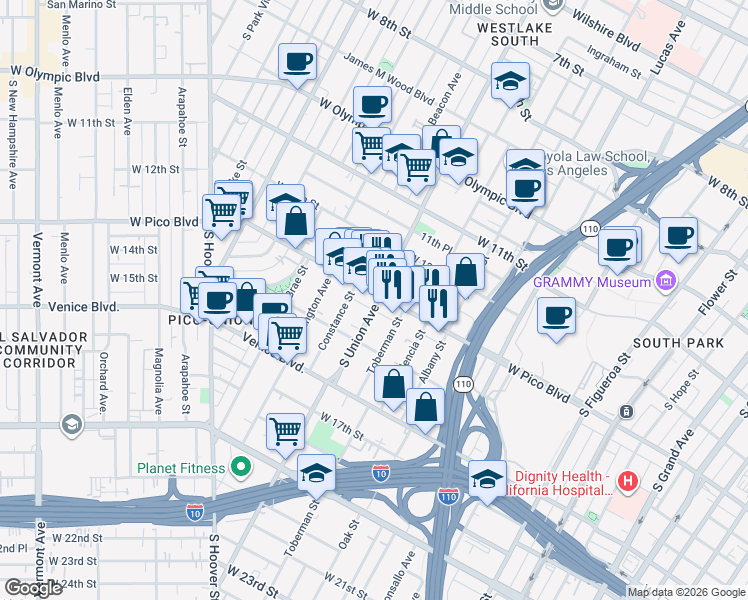 map of restaurants, bars, coffee shops, grocery stores, and more near 1558 West Pico Boulevard in Los Angeles