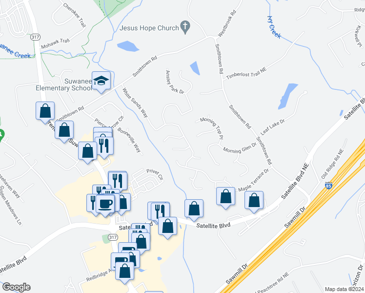 map of restaurants, bars, coffee shops, grocery stores, and more near 125 White Sands Court Northeast in Suwanee