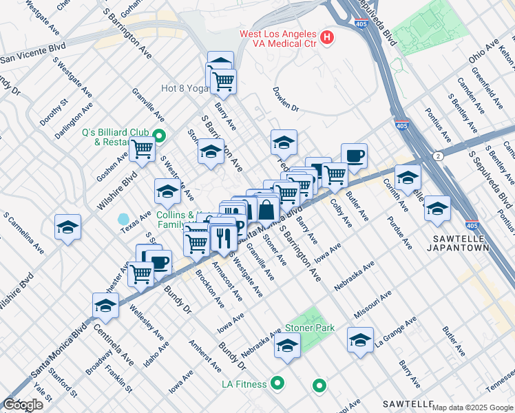 map of restaurants, bars, coffee shops, grocery stores, and more near 11711 Ohio Avenue in Los Angeles